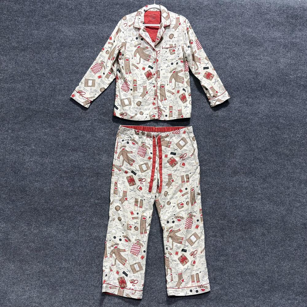 Nick & Nora Pajama Set Womens XL Beige To Sew Sock Monkey Flannel Christmas